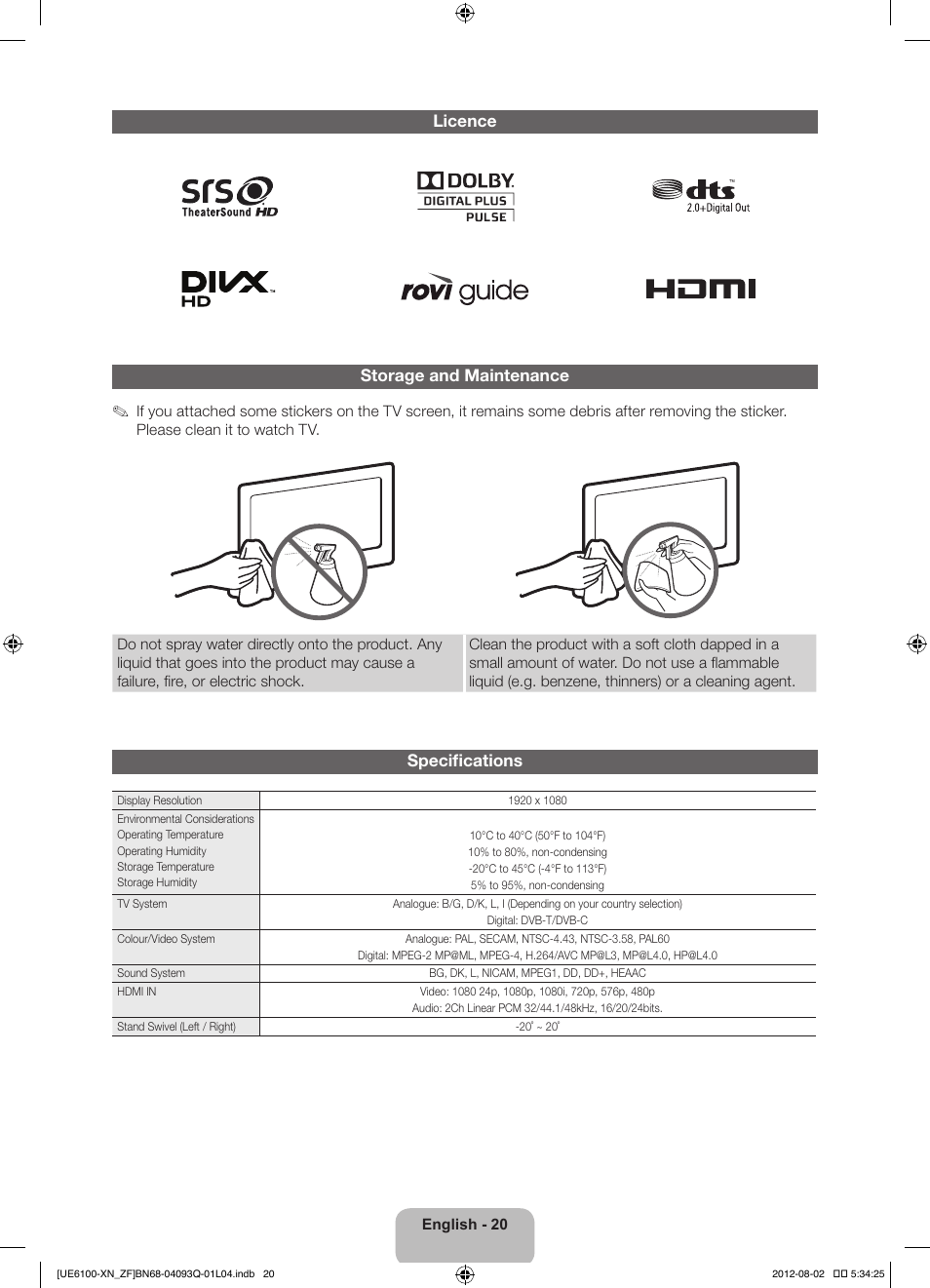 Licence storage and maintenance, Specifications | Samsung UE46ES6100W User Manual | Page 20 / 90
