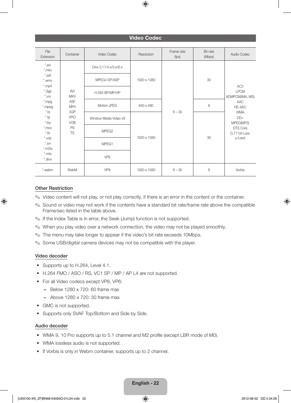 Video codec | Samsung UE46ES6100W User Manual | Page 22 / 90