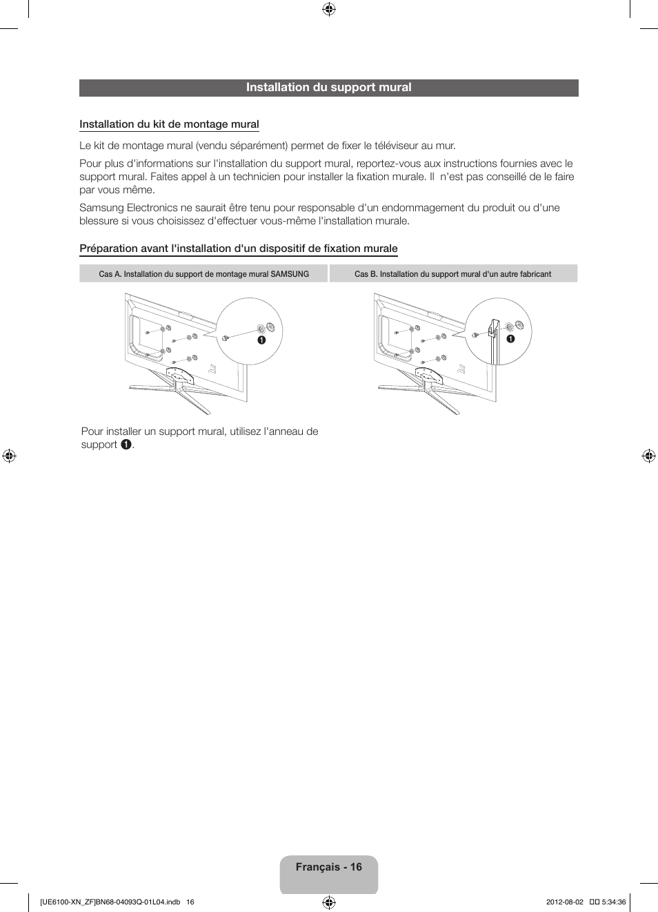 Installation du support mural | Samsung UE46ES6100W User Manual | Page 38 / 90