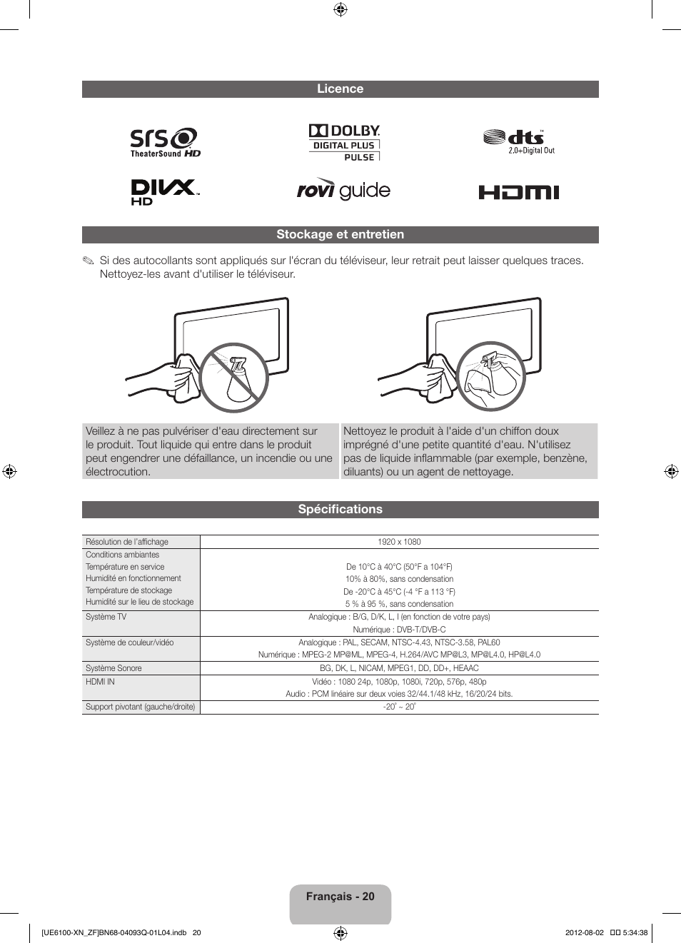 Licence stockage et entretien, Spécifications | Samsung UE46ES6100W User Manual | Page 42 / 90