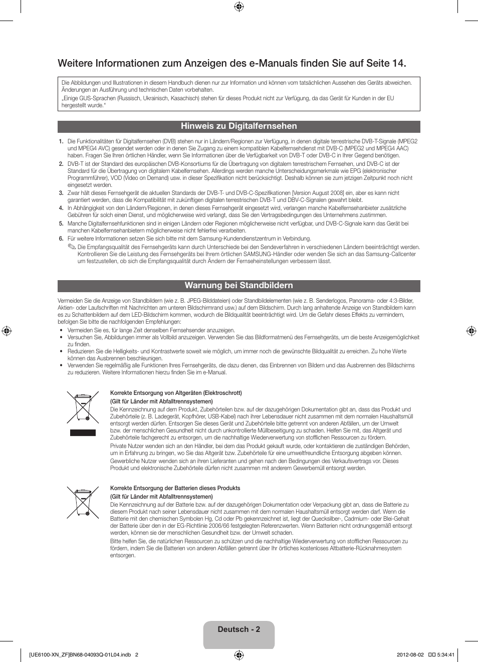 Hinweis zu digitalfernsehen, Warnung bei standbildern | Samsung UE46ES6100W User Manual | Page 46 / 90