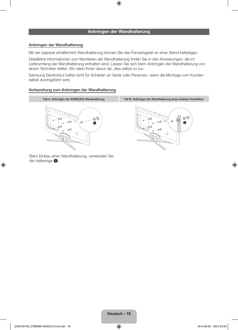 Anbringen der wandhalterung | Samsung UE46ES6100W User Manual | Page 60 / 90