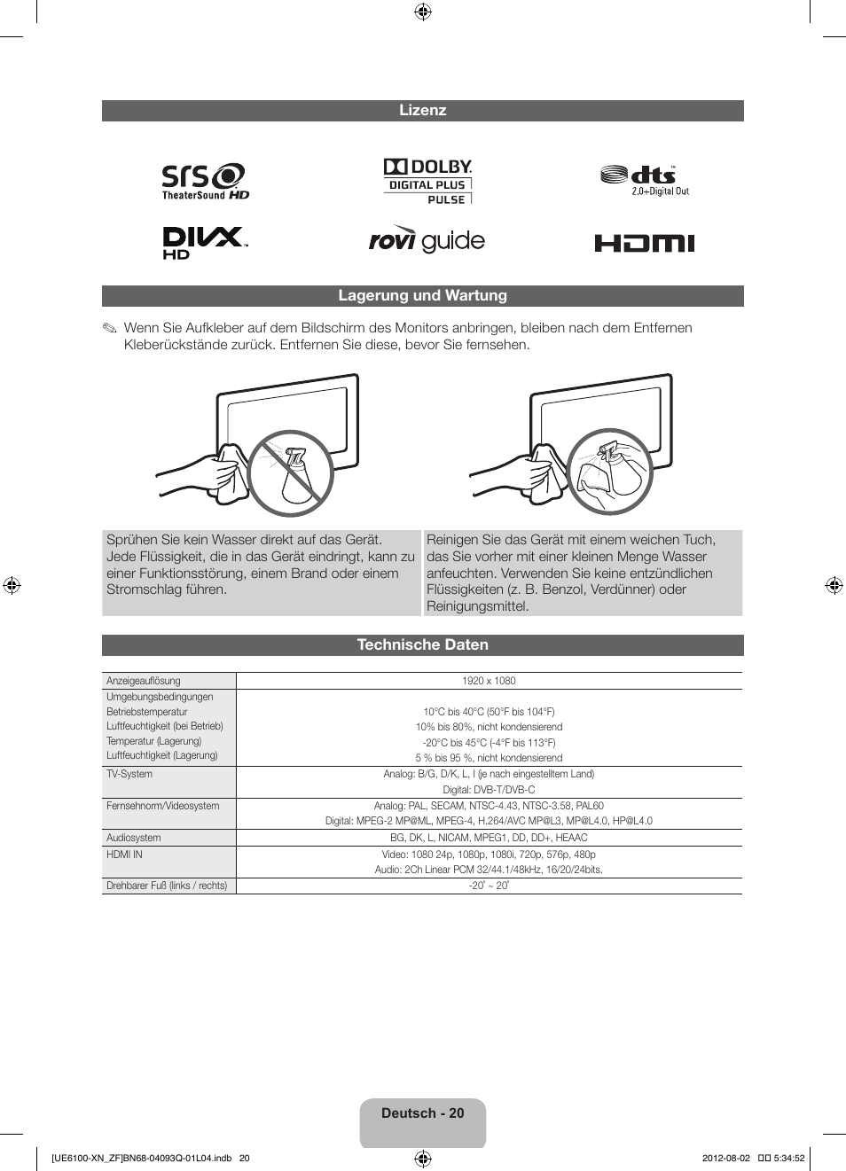 Lizenz lagerung und wartung, Technische daten | Samsung UE46ES6100W User Manual | Page 64 / 90