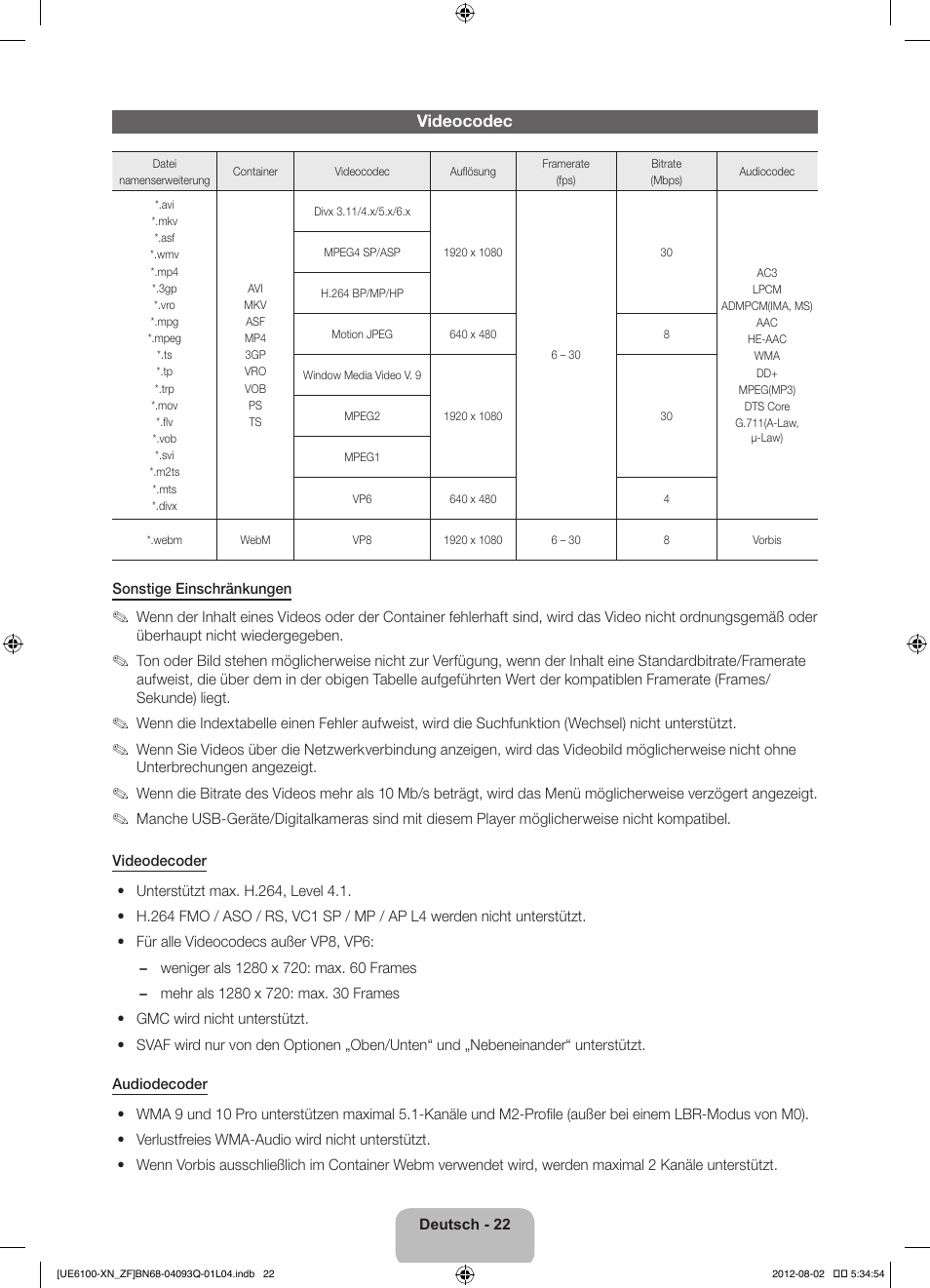 Videocodec | Samsung UE46ES6100W User Manual | Page 66 / 90
