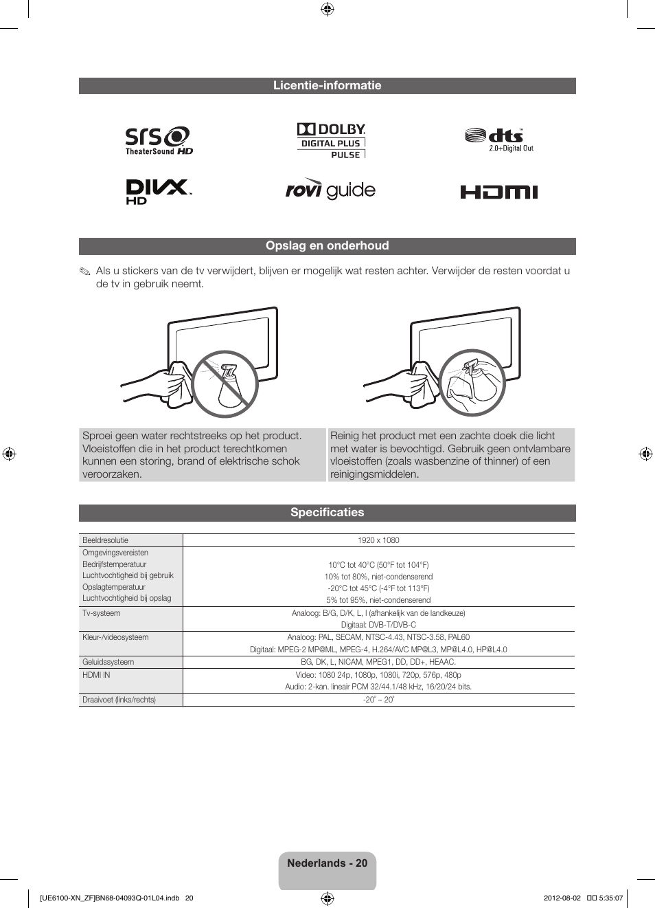 Licentie-informatie opslag en onderhoud, Specificaties | Samsung UE46ES6100W User Manual | Page 86 / 90