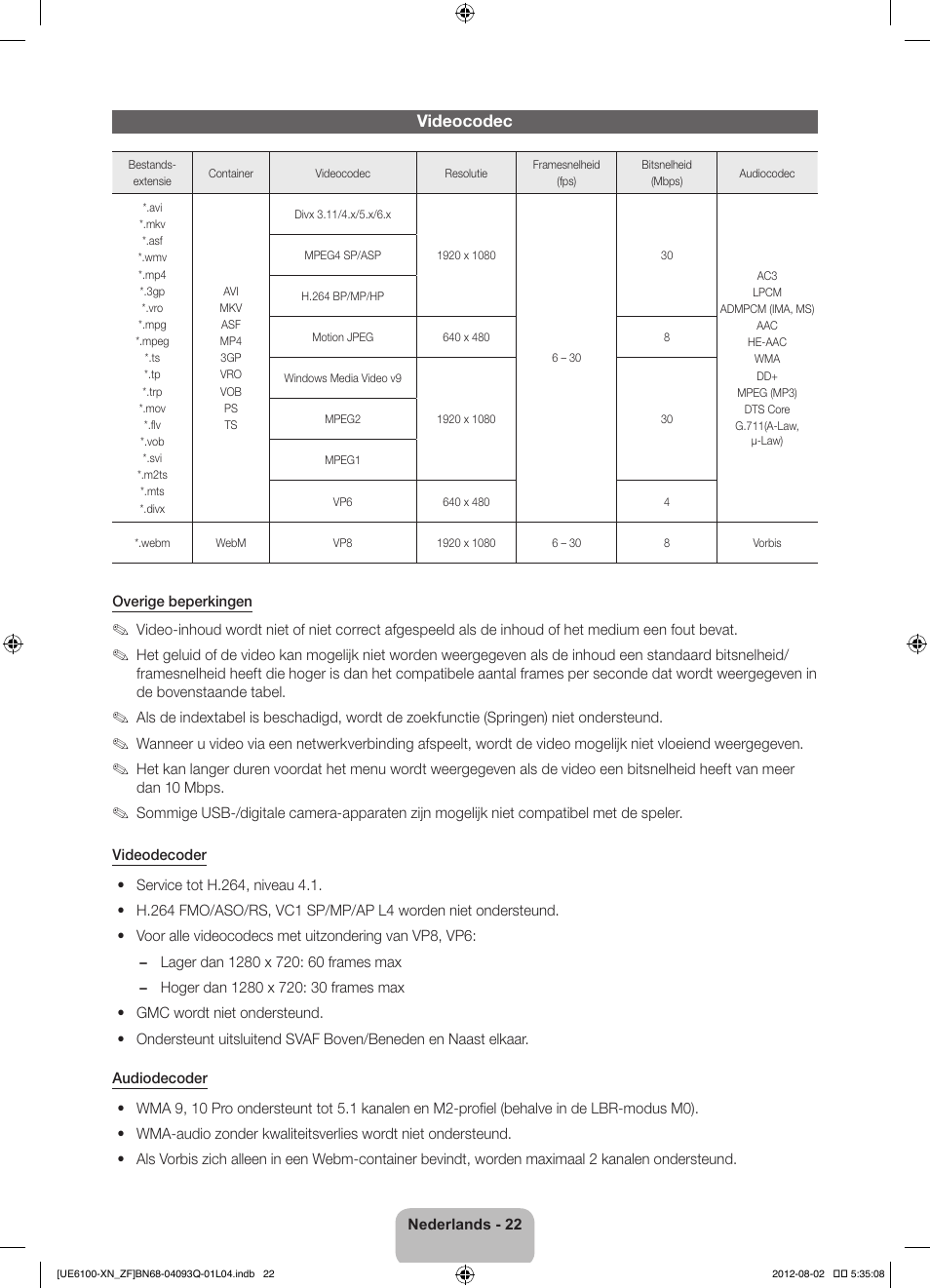 Videocodec | Samsung UE46ES6100W User Manual | Page 88 / 90
