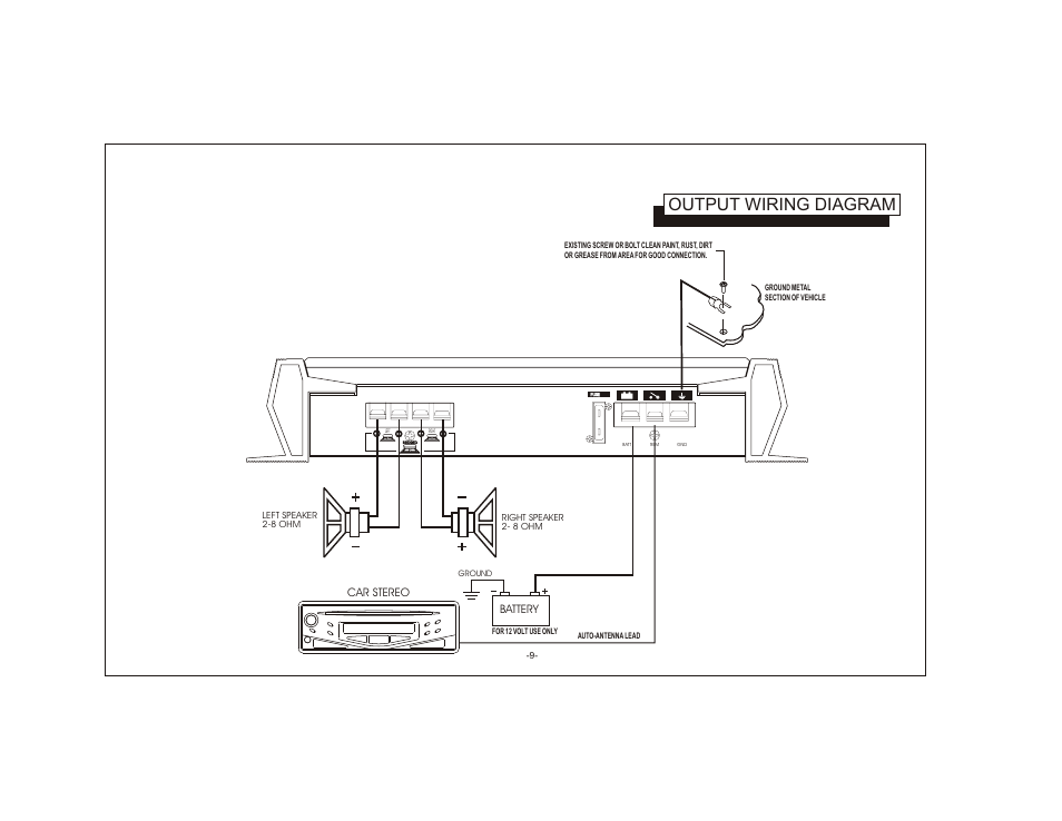 Output wiring diagram, Car stereo, Battery | Audiovox AXT-800 User Manual | Page 9 / 15