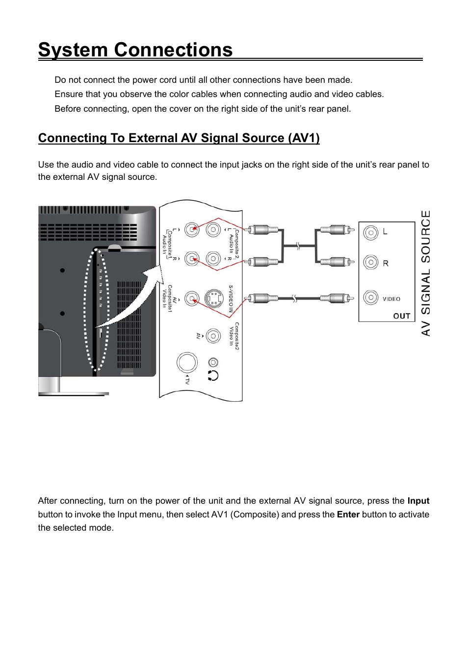 System connections, Connecting to external av signal source (av1) | Audiovox FPE2706DV User Manual | Page 14 / 44
