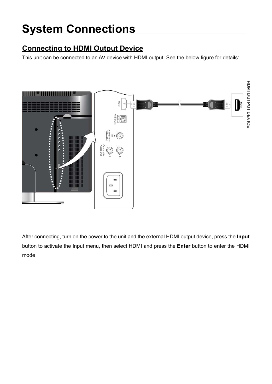 Connecting to hdmi output device, System connections | Audiovox FPE2706DV User Manual | Page 17 / 44
