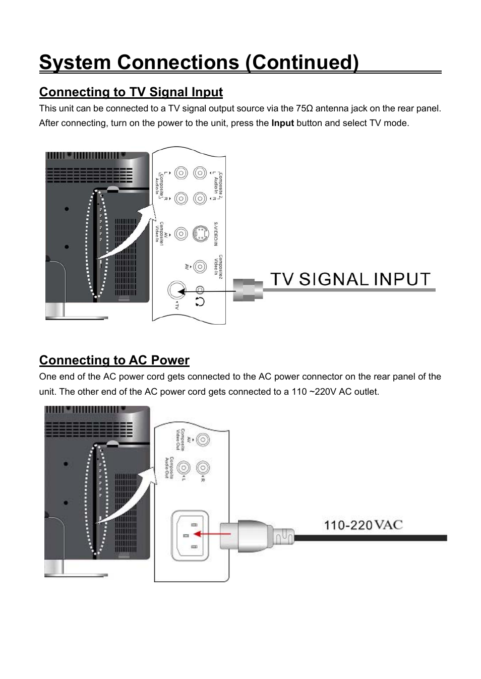 Connecting to ac power, System connections (continued) | Audiovox FPE2706DV User Manual | Page 21 / 44