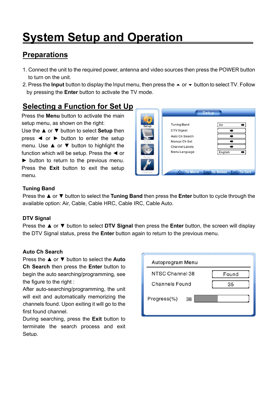 Preparations, Selecting a function for set up, System setup and operation | Audiovox FPE2706DV User Manual | Page 24 / 44