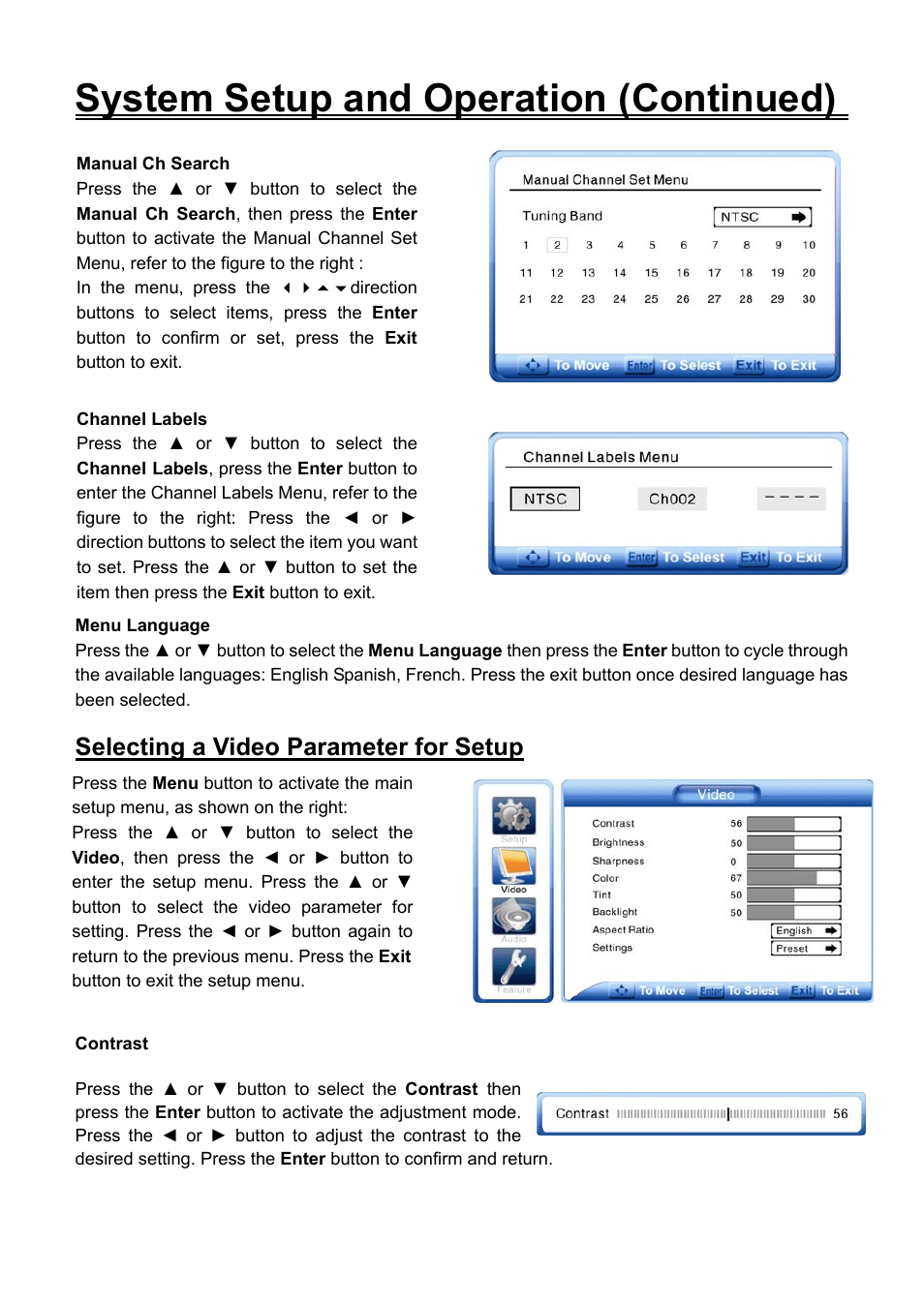 Selecting a video parameter for setup, System setup and operation (continued) | Audiovox FPE2706DV User Manual | Page 25 / 44