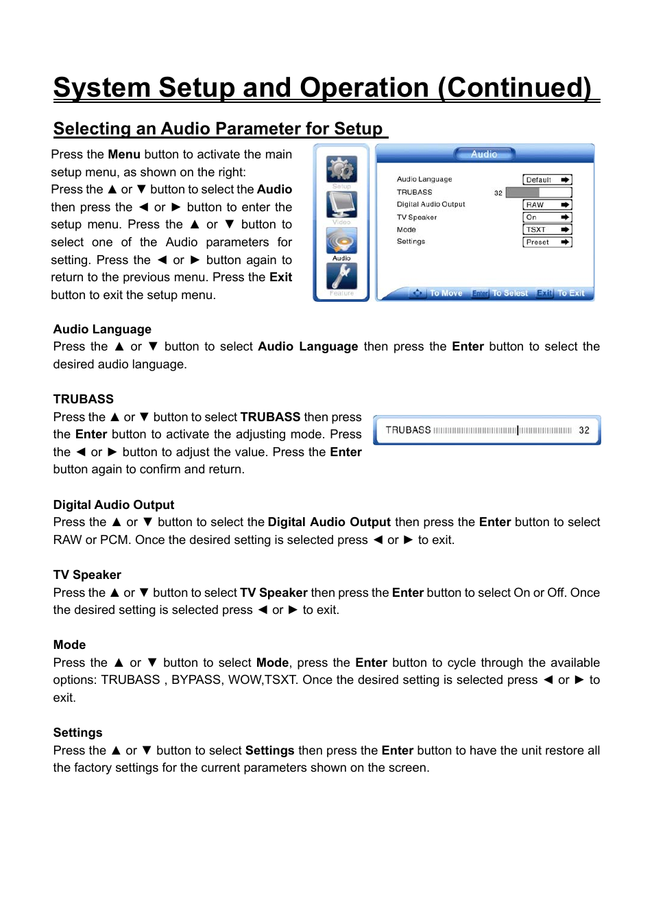 Selecting an audio parameter for setup, System setup and operation (continued) | Audiovox FPE2706DV User Manual | Page 27 / 44