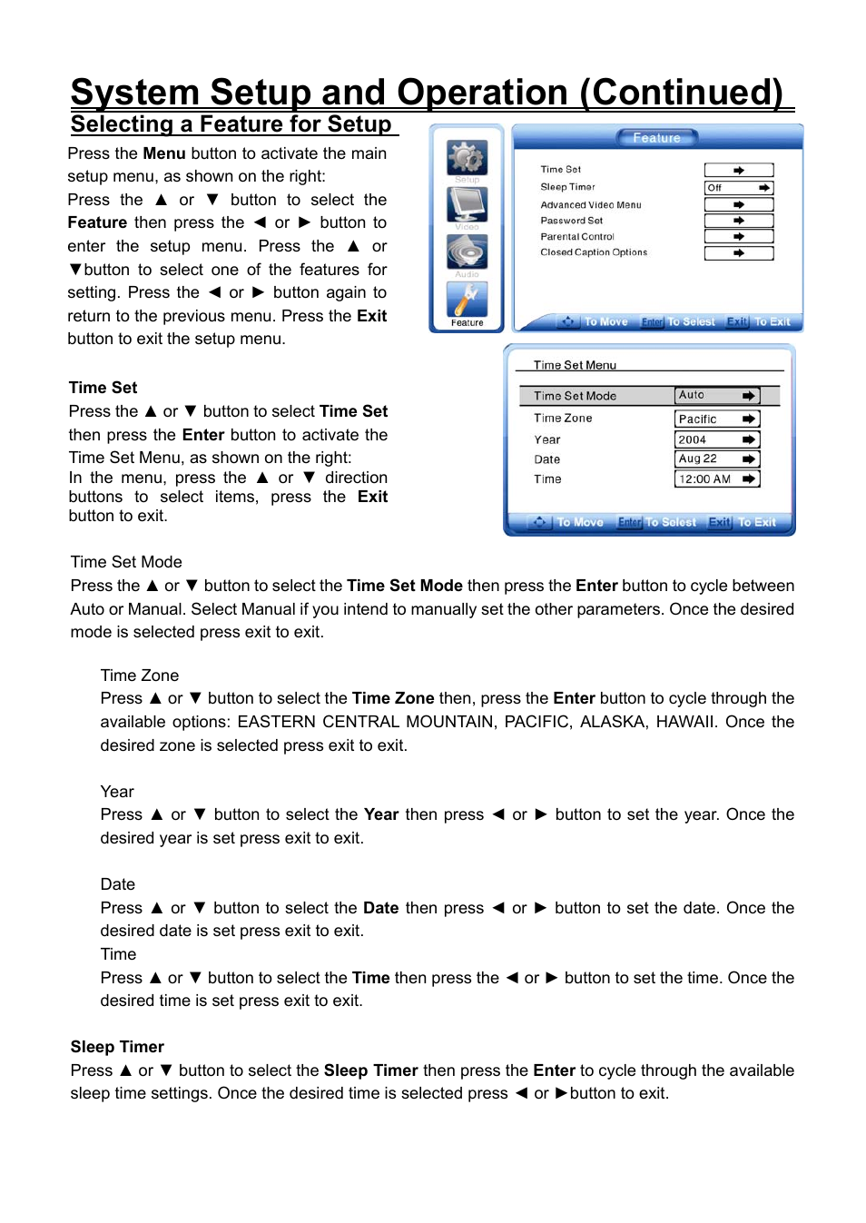 Selecting a feature for setup, System setup and operation (continued) | Audiovox FPE2706DV User Manual | Page 28 / 44