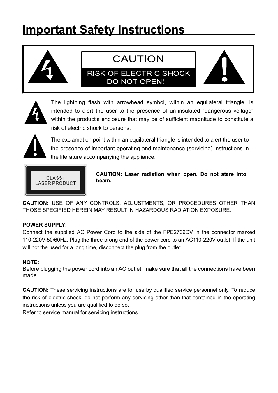 Important safety instructions | Audiovox FPE2706DV User Manual | Page 3 / 44