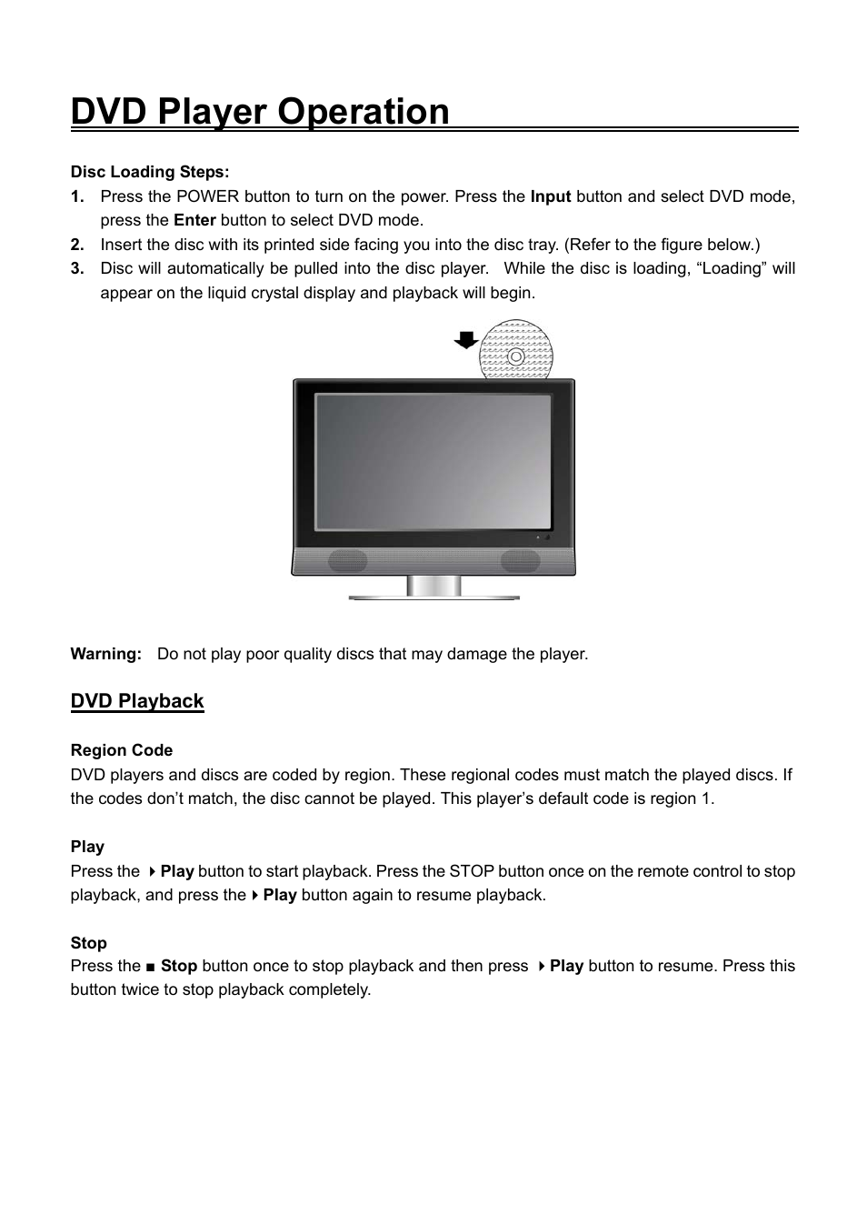 Dvd playback, Stop, Dvd player operation | Audiovox FPE2706DV User Manual | Page 31 / 44