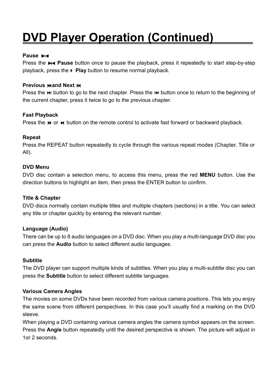 Pause, Previous (and next, Fast playback | Repeat, Dvd menu, Title & chapter, Subtitle, Various camera angles, Dvd player operation (continued) | Audiovox FPE2706DV User Manual | Page 32 / 44