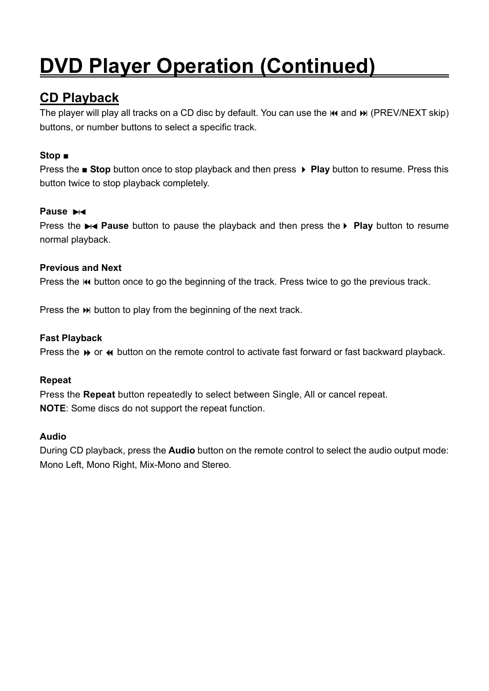 Cd playback, Stop, Pause | Previous and next, Fast playback, Repeat, Dvd player operation (continued) | Audiovox FPE2706DV User Manual | Page 33 / 44