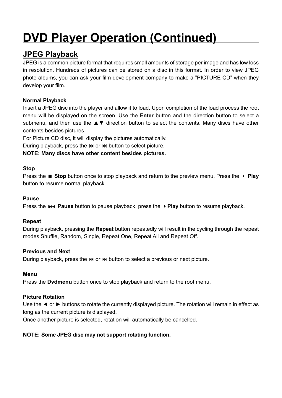 Stop, Pause, Repeat | Previous and next, Menu, Dvd player operation (continued), Jpeg playback | Audiovox FPE2706DV User Manual | Page 34 / 44