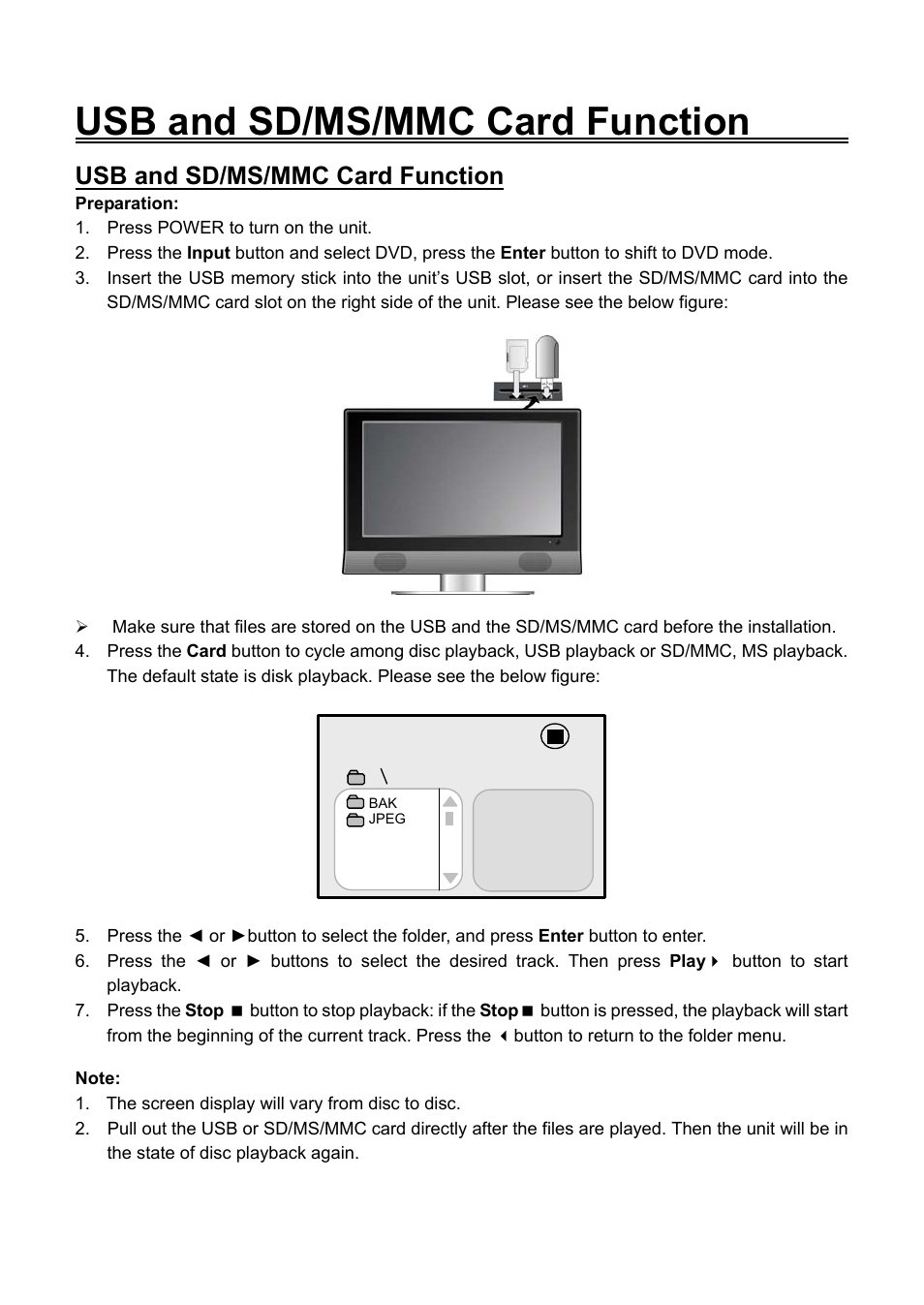 Preparation, Usb and sd/ms/mmc card function | Audiovox FPE2706DV User Manual | Page 35 / 44