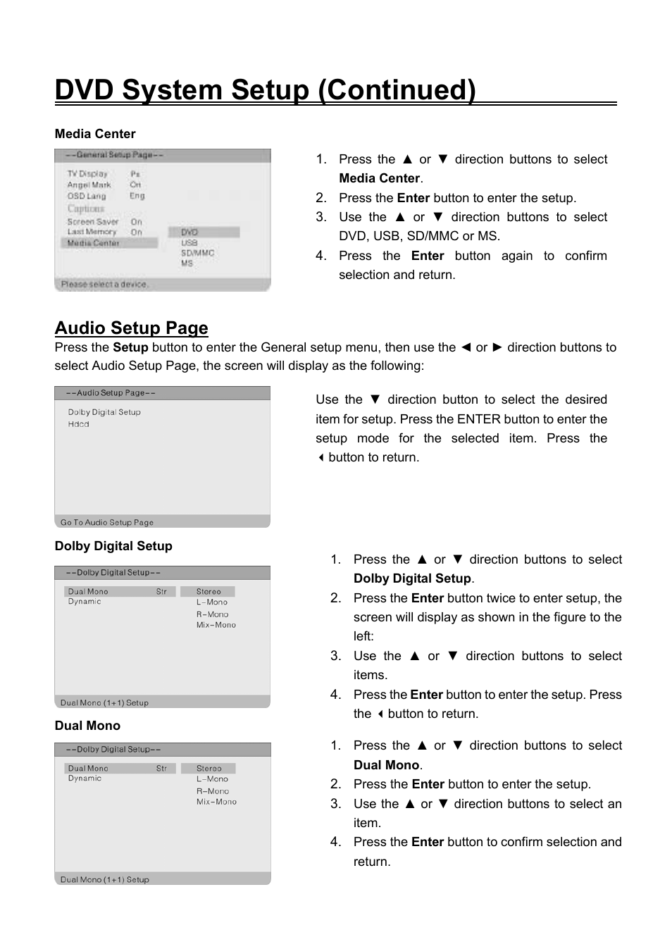 Dvd system setup (continued), Audio setup page | Audiovox FPE2706DV User Manual | Page 38 / 44