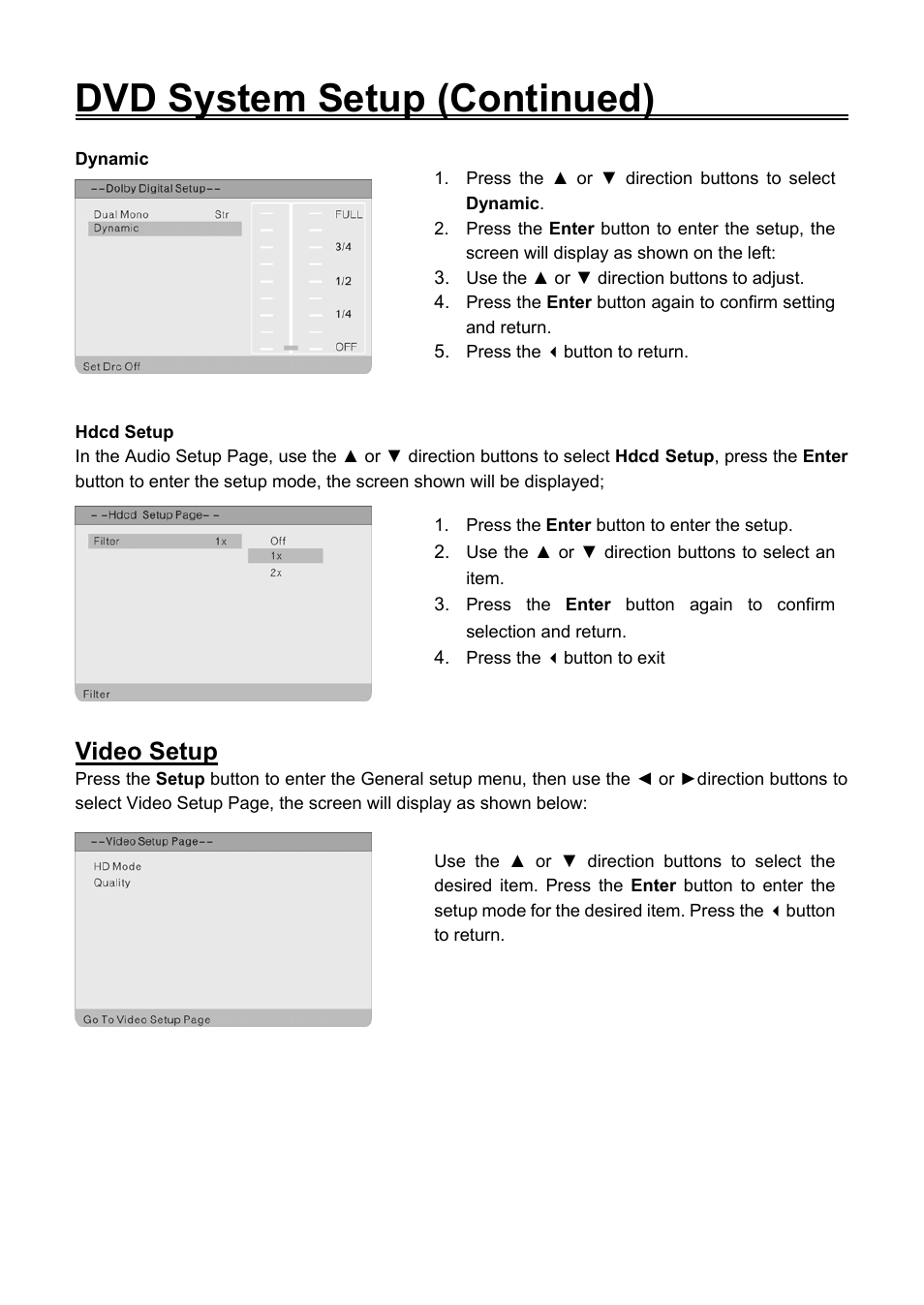 Video setup, Dvd system setup (continued) | Audiovox FPE2706DV User Manual | Page 39 / 44