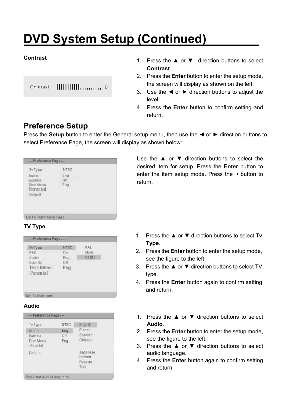 Preference setup, Dvd system setup (continued) | Audiovox FPE2706DV User Manual | Page 41 / 44