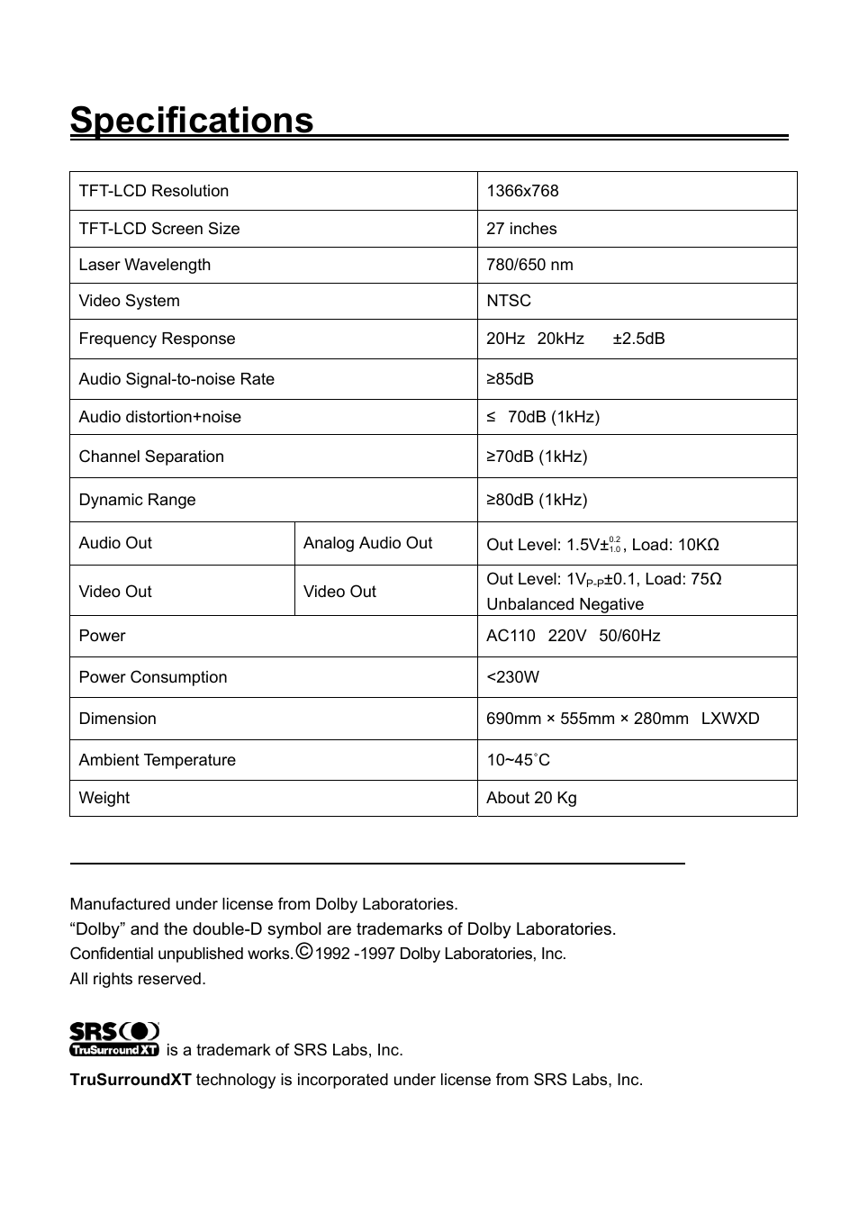 Specifications | Audiovox FPE2706DV User Manual | Page 44 / 44