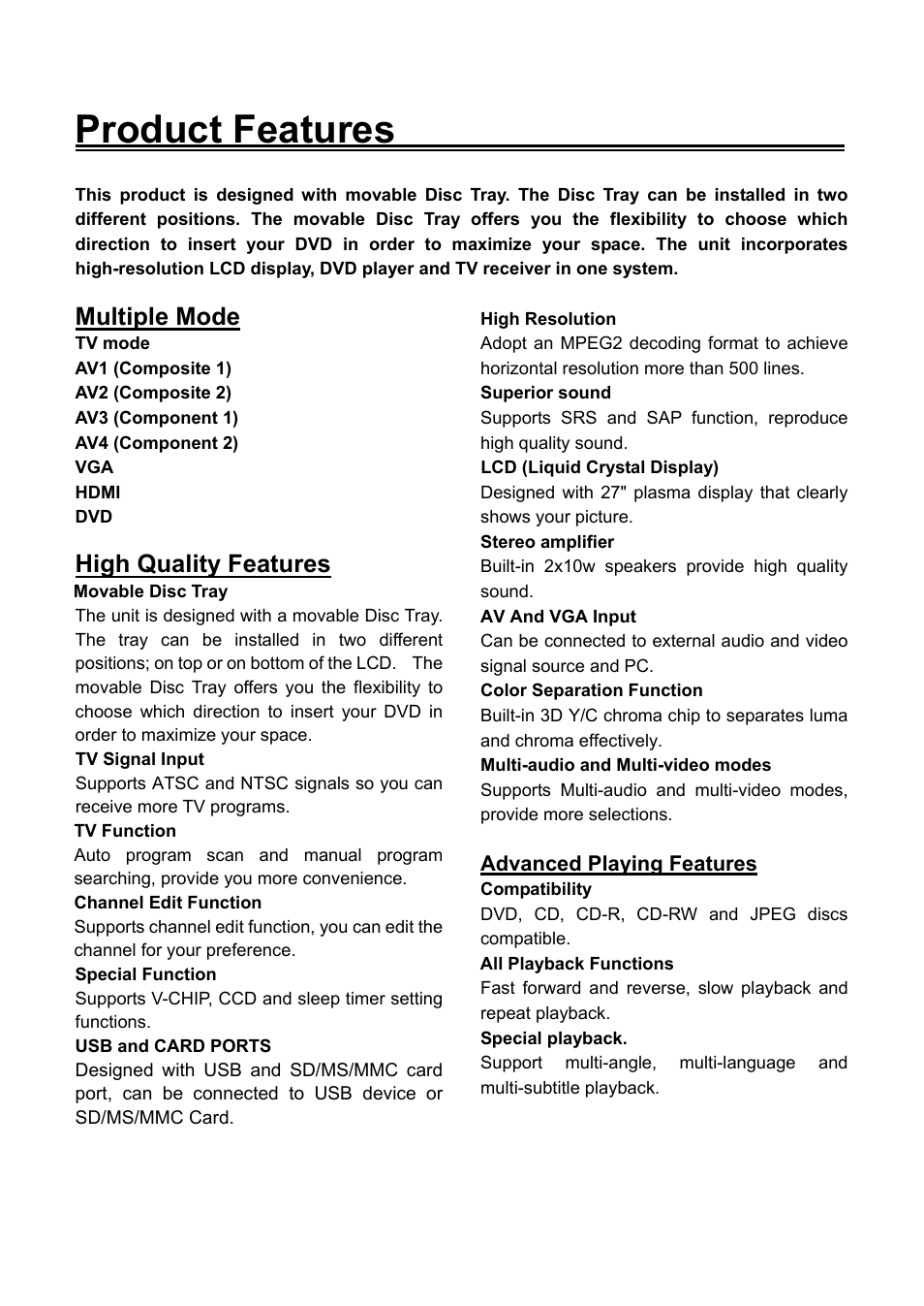 High quality features, Advanced playing features, Product features | Multiple mode | Audiovox FPE2706DV User Manual | Page 5 / 44