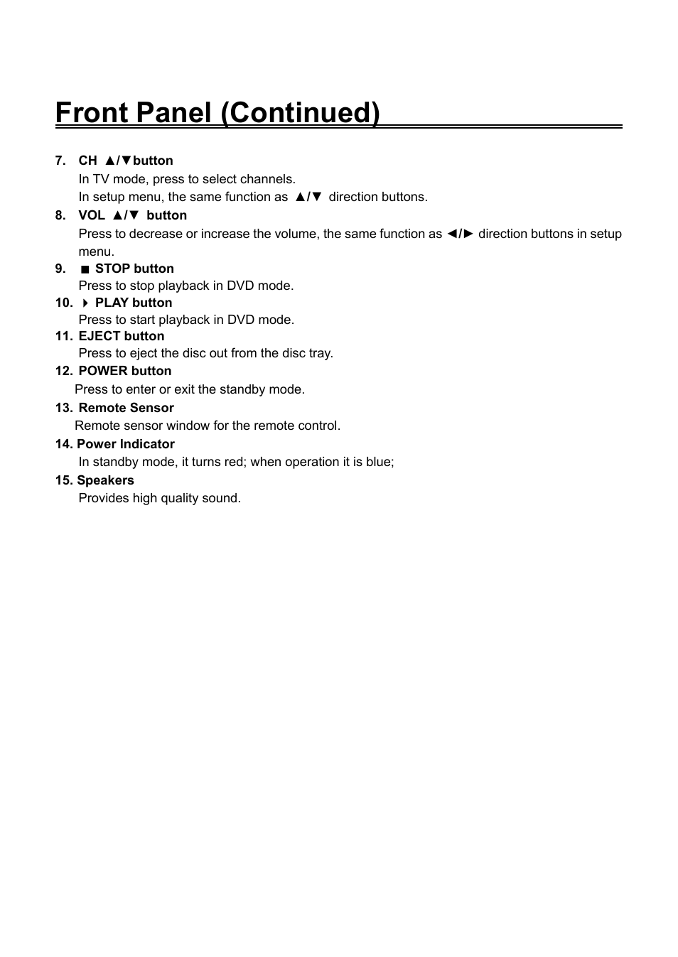 Front panel (continued) | Audiovox FPE2706DV User Manual | Page 8 / 44