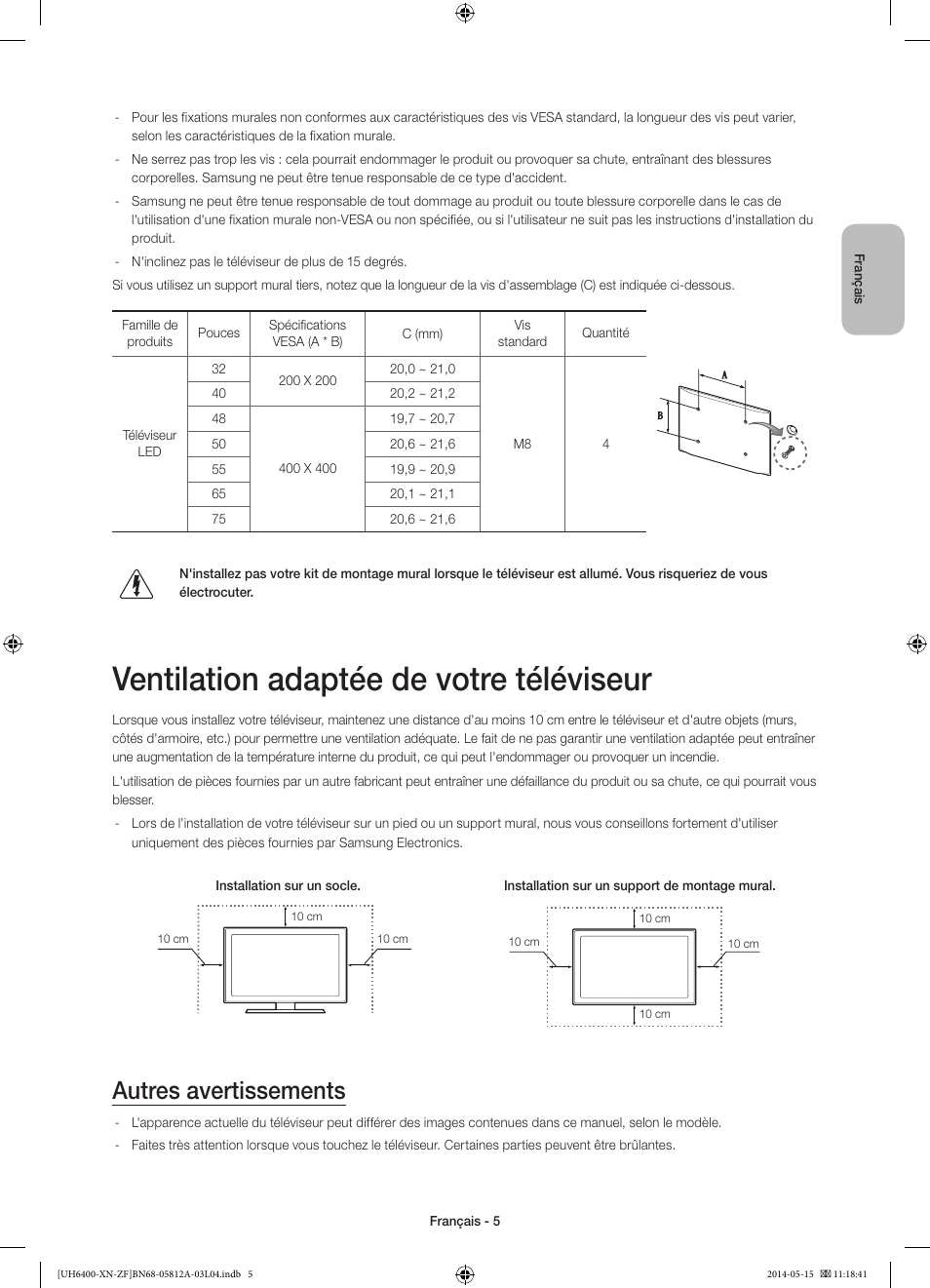 Ventilation adaptée de votre téléviseur, Autres avertissements | Samsung UE65H6400AW User Manual | Page 27 / 89