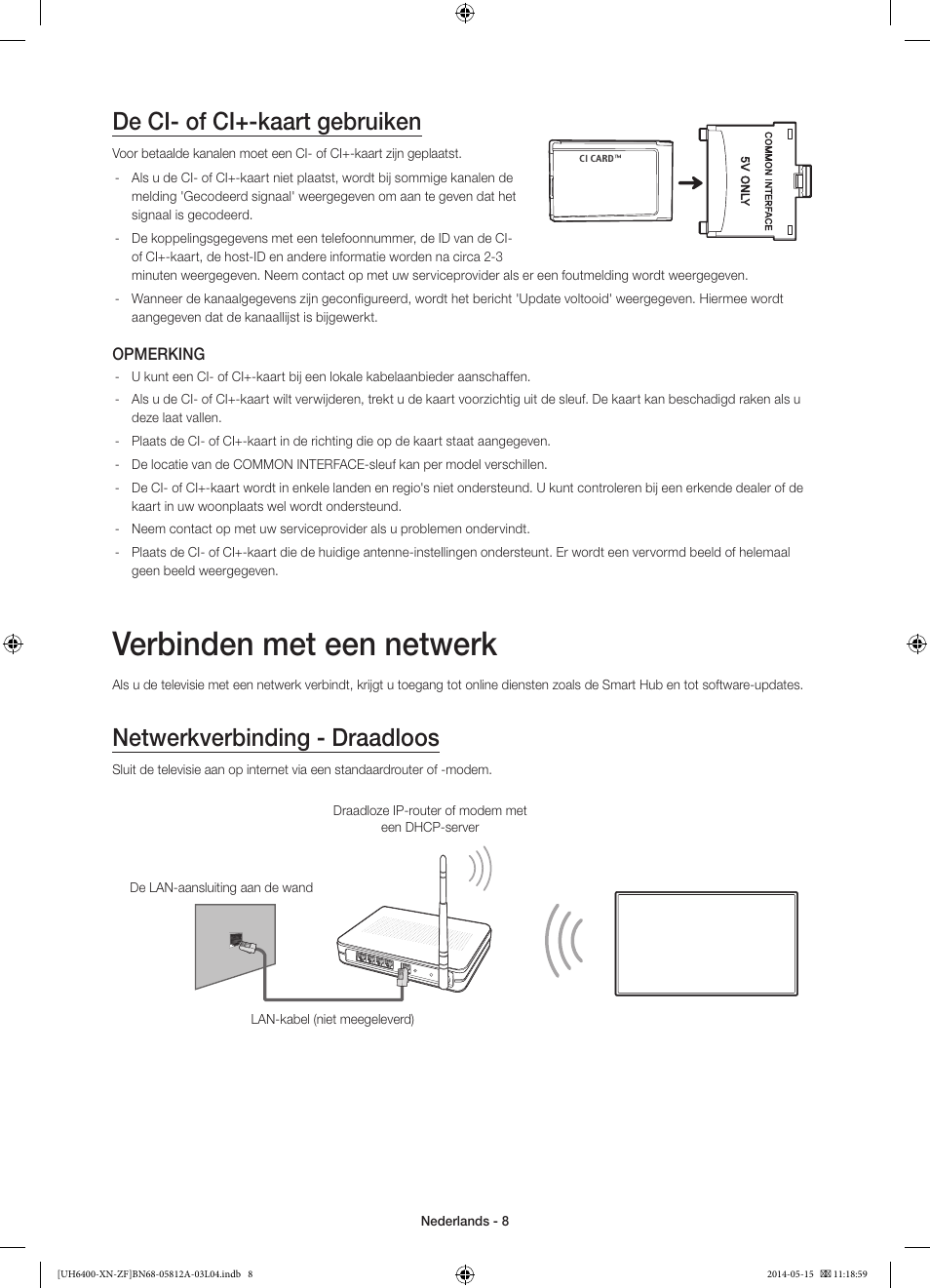 Verbinden met een netwerk, De ci- of ci+-kaart gebruiken, Netwerkverbinding - draadloos | Samsung UE65H6400AW User Manual | Page 74 / 89