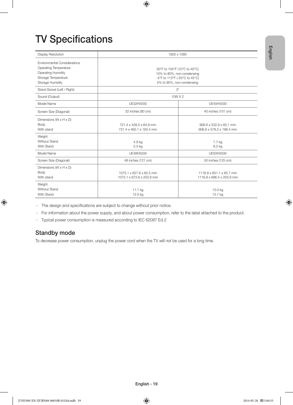 10 specifications and other information, Tv specifications, Standby mode | Samsung UE40H5500AW User Manual | Page 19 / 81