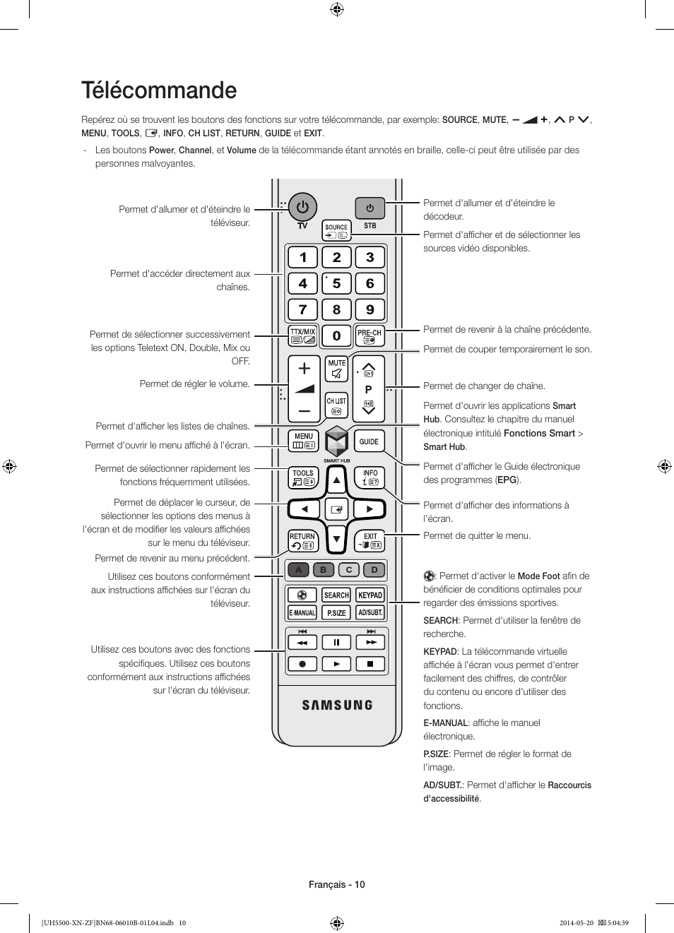 Télécommande | Samsung UE40H5500AW User Manual | Page 30 / 81