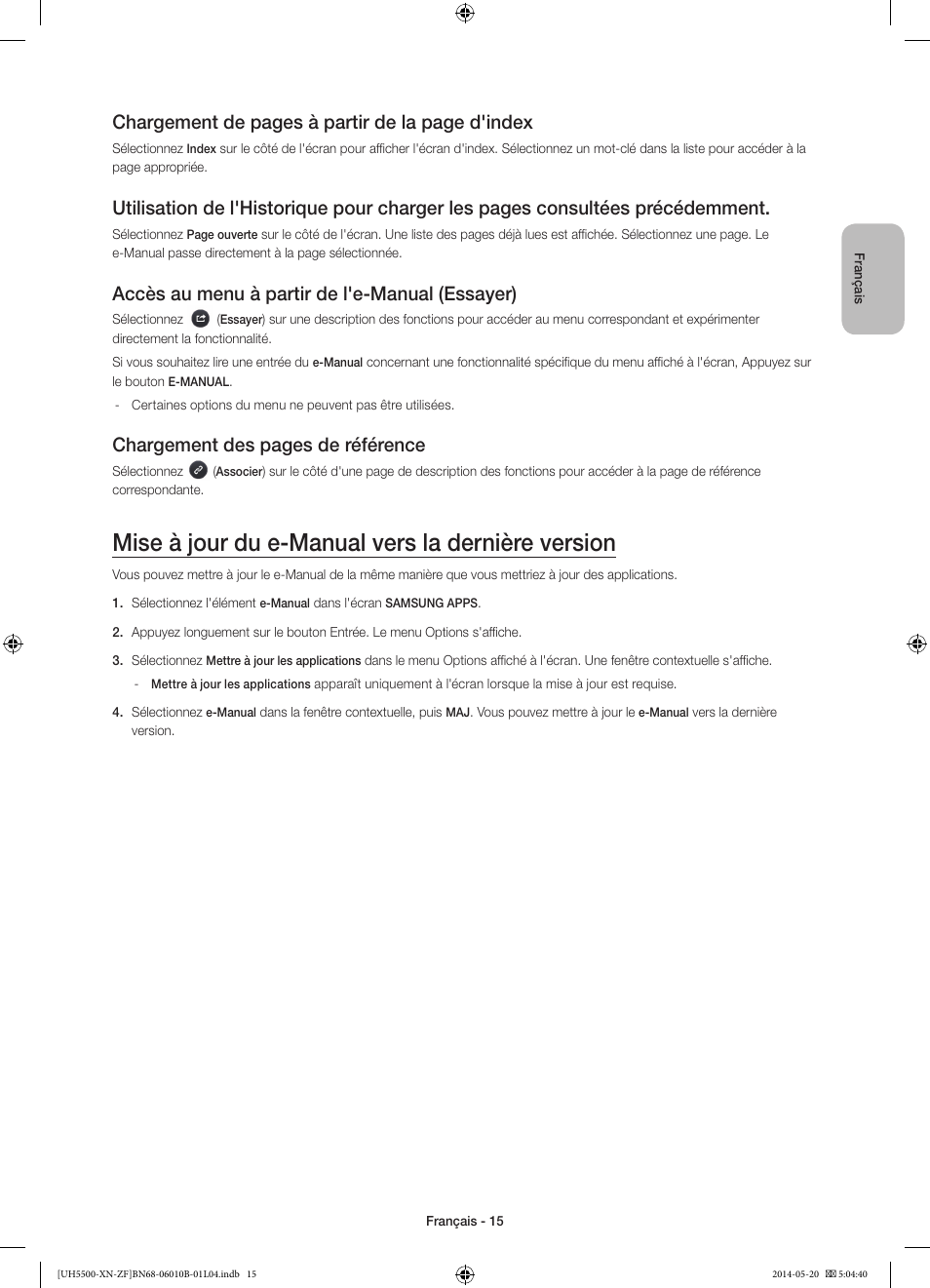 Mise à jour du e-manual vers la dernière version, Chargement de pages à partir de la page d'index, Accès au menu à partir de l'e-manual (essayer) | Chargement des pages de référence | Samsung UE40H5500AW User Manual | Page 35 / 81