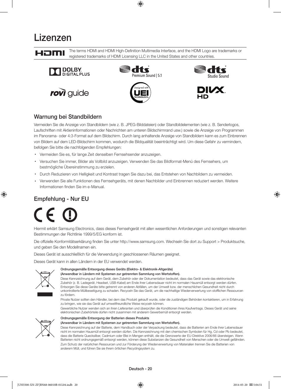 Lizenzen, Warnung bei standbildern, Empfehlung - nur eu | Samsung UE40H5500AW User Manual | Page 60 / 81