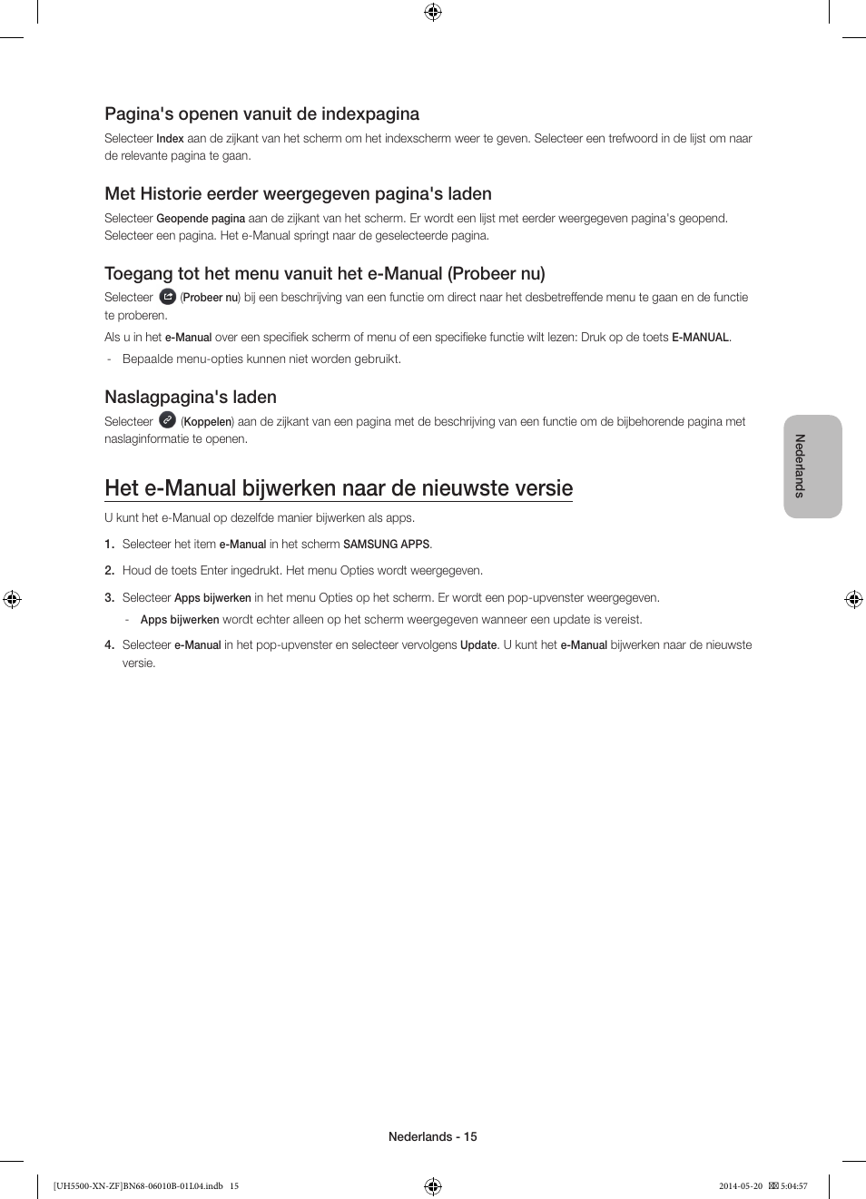 Het e-manual bijwerken naar de nieuwste versie, Pagina's openen vanuit de indexpagina, Met historie eerder weergegeven pagina's laden | Naslagpagina's laden | Samsung UE40H5500AW User Manual | Page 75 / 81