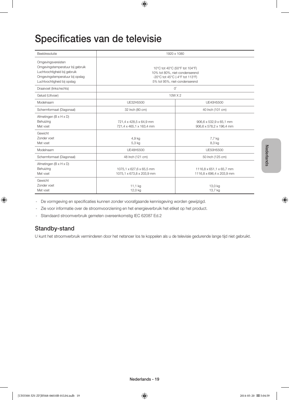 Specificaties van de televisie, Standby-stand | Samsung UE40H5500AW User Manual | Page 79 / 81