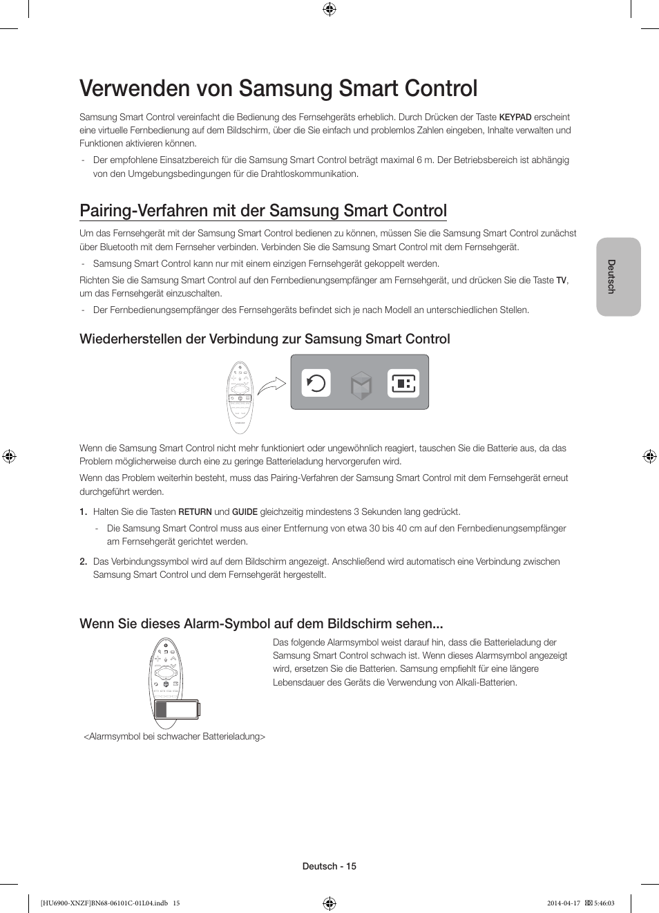 Verwenden von samsung smart control, Pairing-verfahren mit der samsung smart control | Samsung UE50HU6900S User Manual | Page 63 / 97