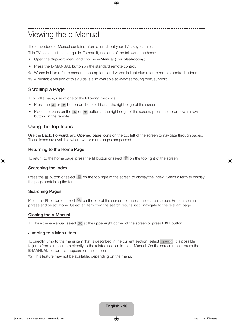 Viewing the e-manual, Scrolling a page, Using the top icons | Samsung UE32F5300AW User Manual | Page 10 / 81