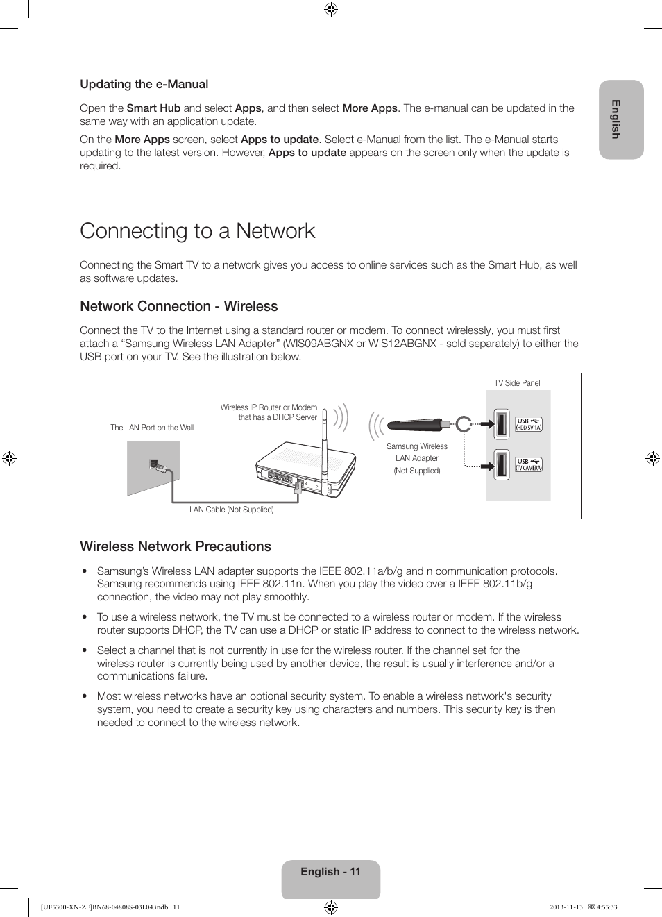 Connecting to a network, Network connection - wireless, Wireless network precautions | Samsung UE32F5300AW User Manual | Page 11 / 81