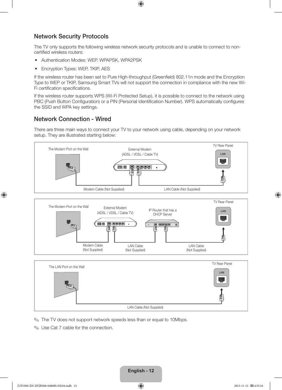 Network security protocols, Network connection - wired | Samsung UE32F5300AW User Manual | Page 12 / 81