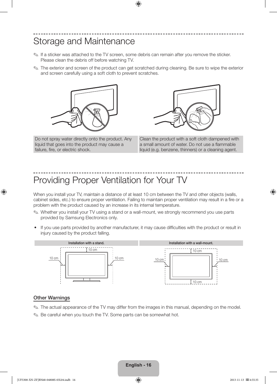 Storage and maintenance, Providing proper ventilation for your tv | Samsung UE32F5300AW User Manual | Page 16 / 81