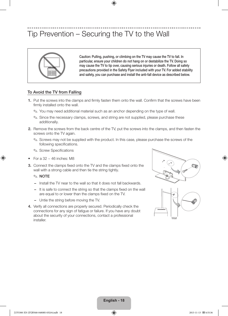 Tip prevention – securing the tv to the wall | Samsung UE32F5300AW User Manual | Page 18 / 81