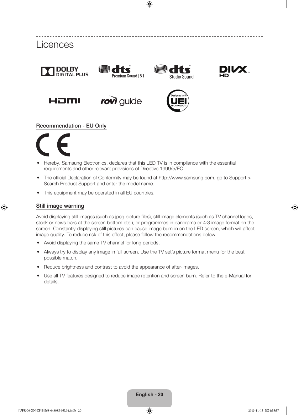 Licences | Samsung UE32F5300AW User Manual | Page 20 / 81