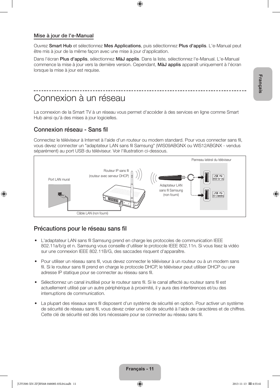 Connexion à un réseau, Connexion réseau - sans fil, Précautions pour le réseau sans fil | Samsung UE32F5300AW User Manual | Page 31 / 81