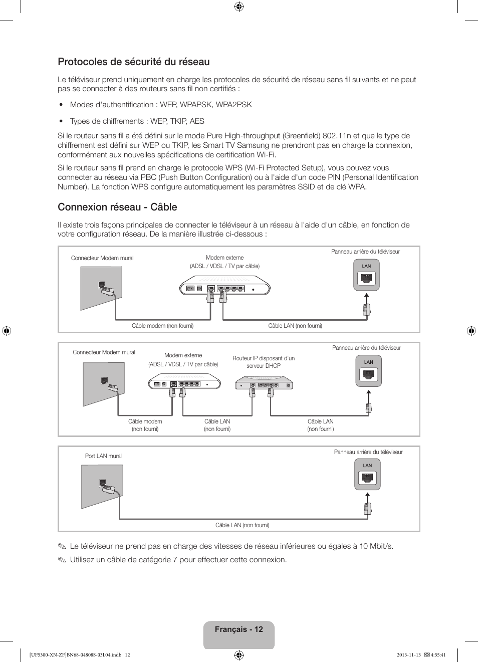 Protocoles de sécurité du réseau, Connexion réseau - câble | Samsung UE32F5300AW User Manual | Page 32 / 81