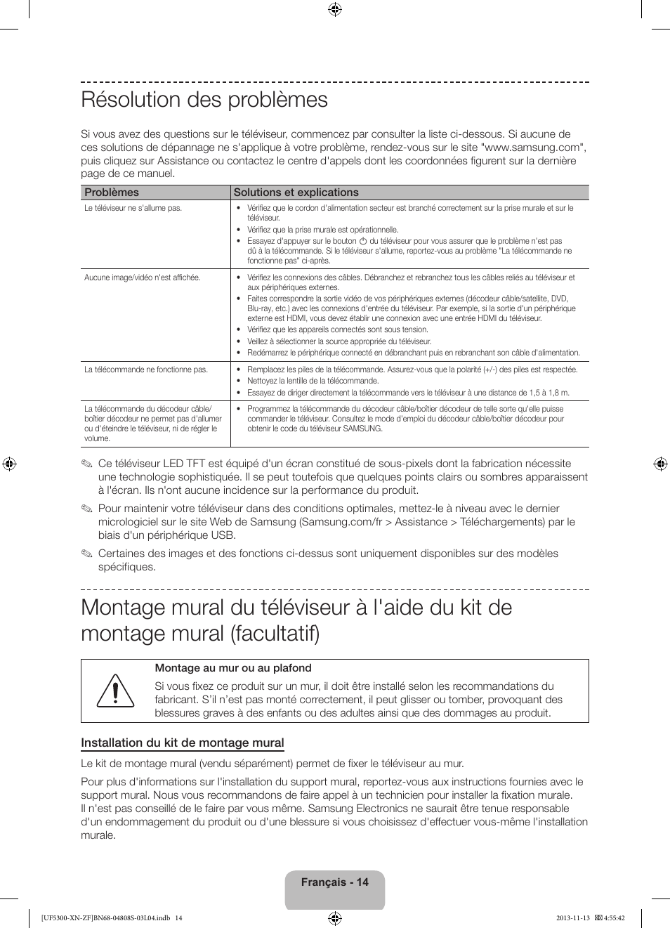 Résolution des problèmes | Samsung UE32F5300AW User Manual | Page 34 / 81