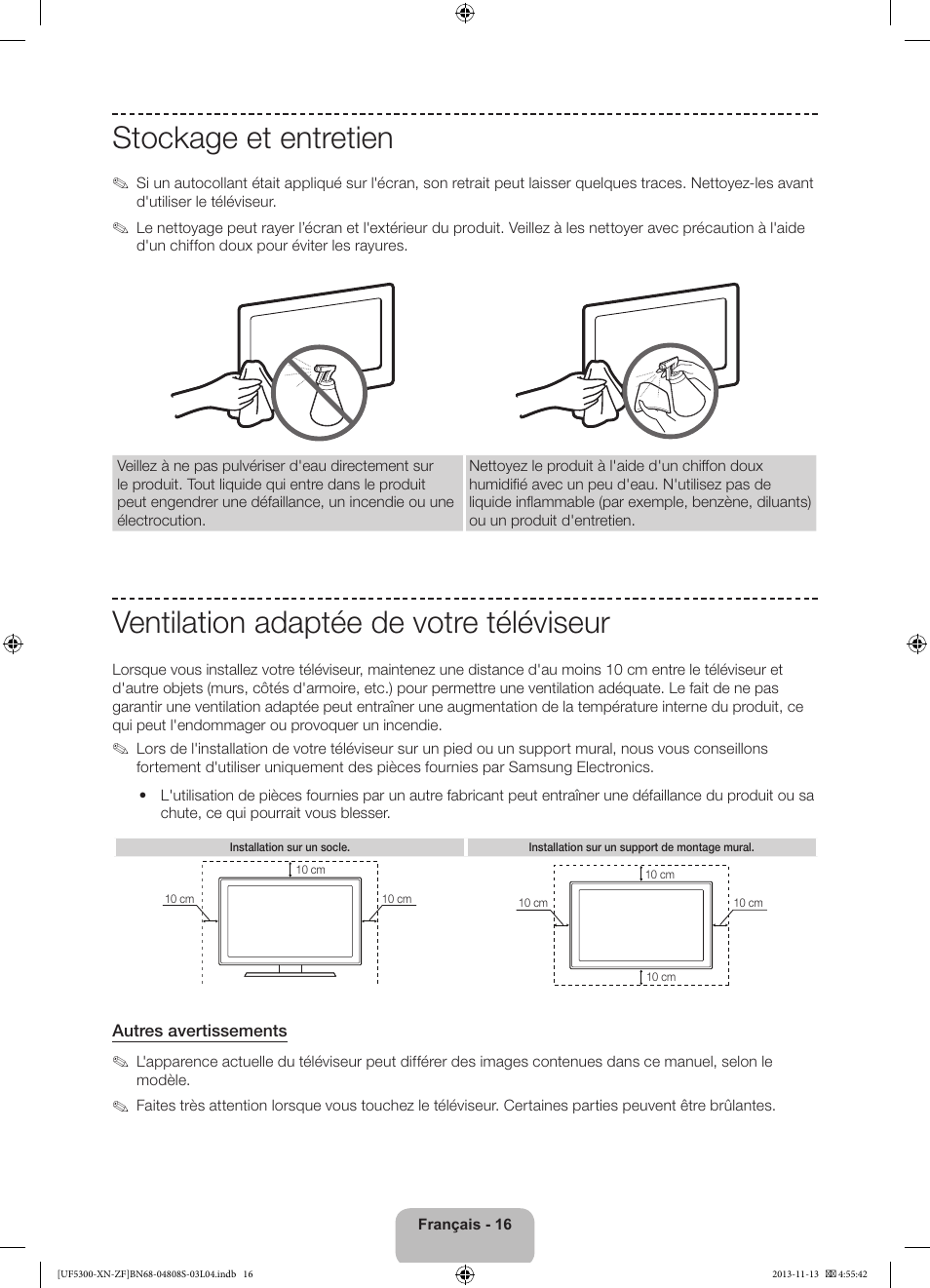 Stockage et entretien, Ventilation adaptée de votre téléviseur | Samsung UE32F5300AW User Manual | Page 36 / 81