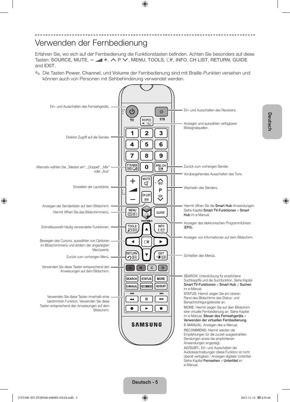 Verwenden der fernbedienung | Samsung UE32F5300AW User Manual | Page 45 / 81